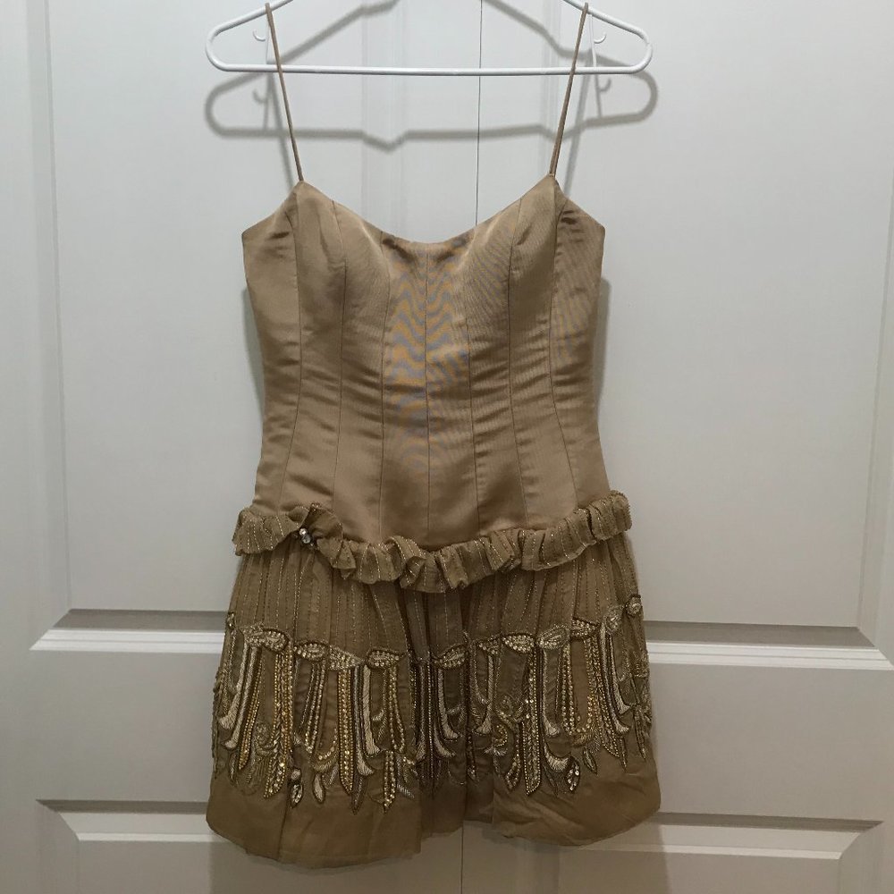 Luly Yang Corset-Style Beige Formal Dress with Tulle and Beads